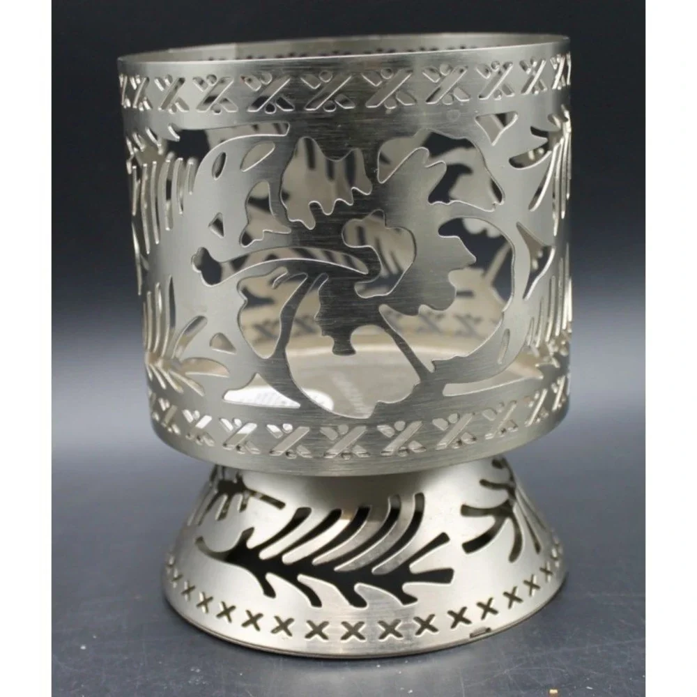 Bath & Body Works 3 Wick Candle Holder Pedestal Tropical Leaf Cutout Silver